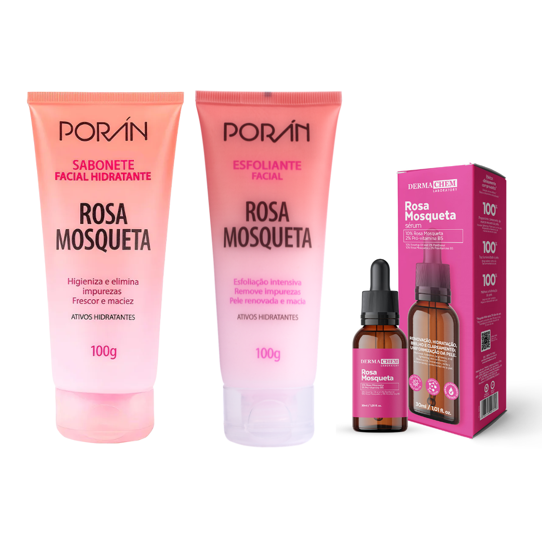 Kit Rosa Mosqueta Porán Skincare Completo – Limpeza, Esfoliação e Tratamento
