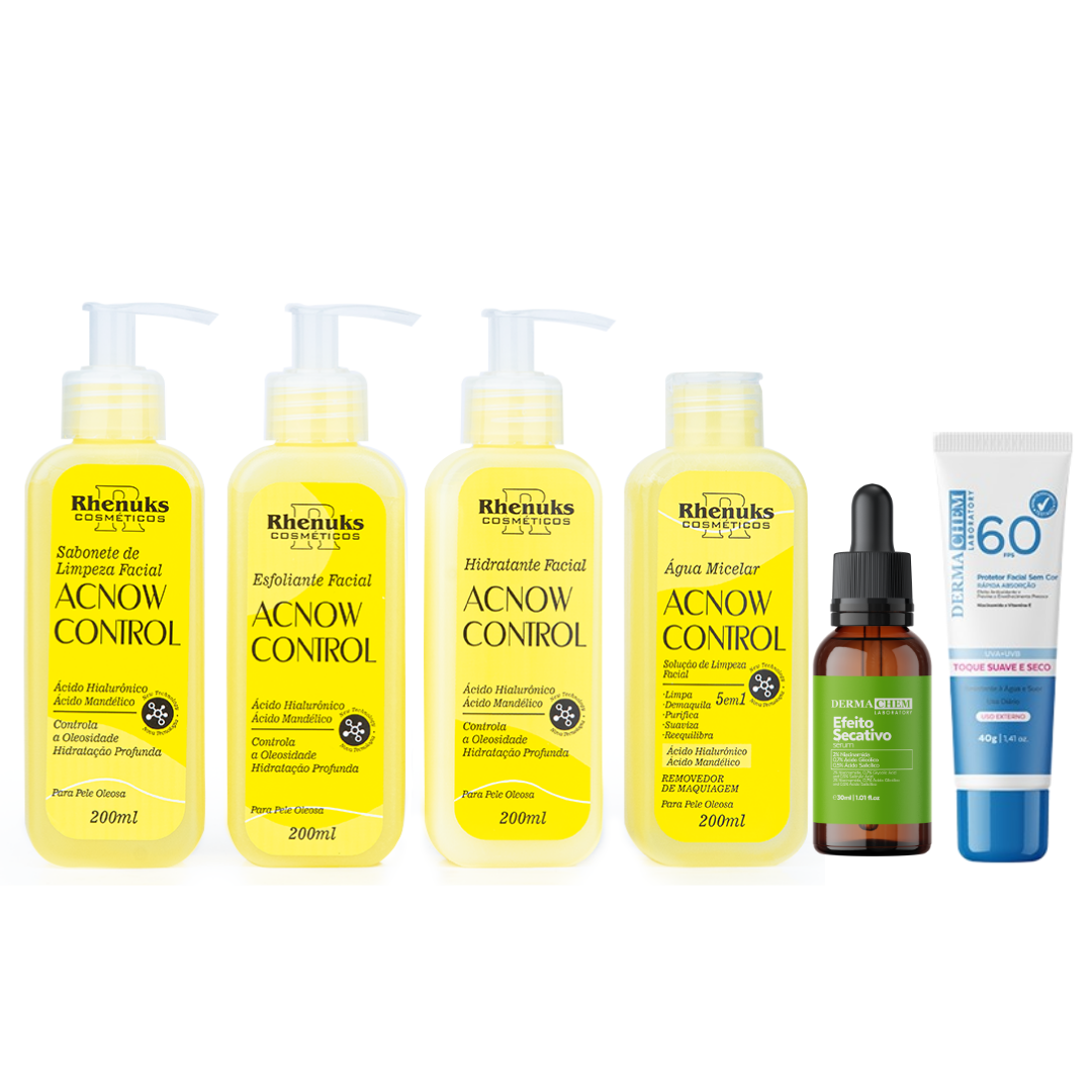 Kit Skincare Acnow Control Rhenuks + Sérum Efeito Secativo Dermachem + Protetor Solar FPS 60 Dermachem