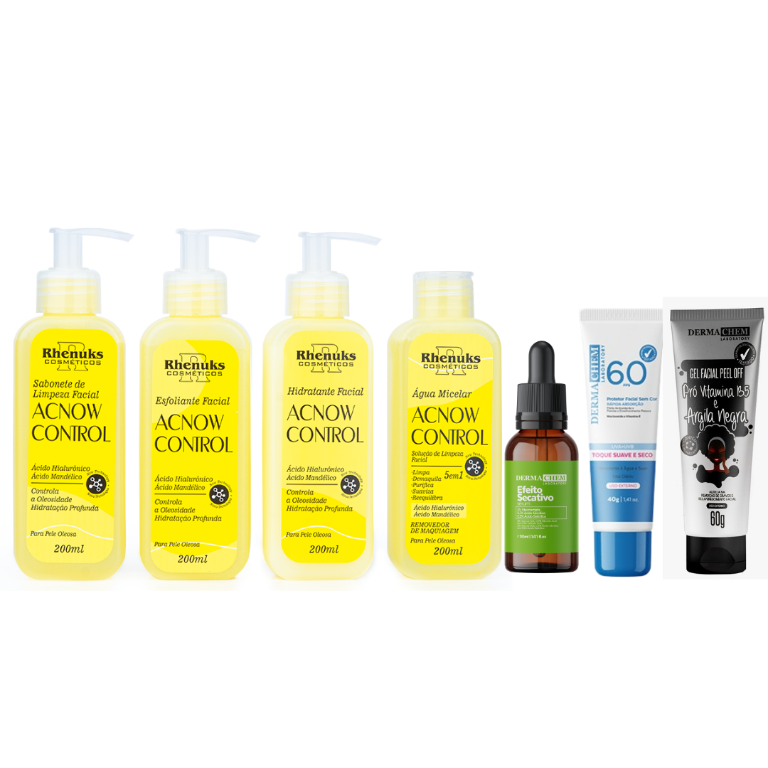Kit Skincare Acnow Control + Sérum Efeito Secativo Dermachem + Protetor Solar FPS 60 + Gel Peel Pepino e Argila Verde Dermachem