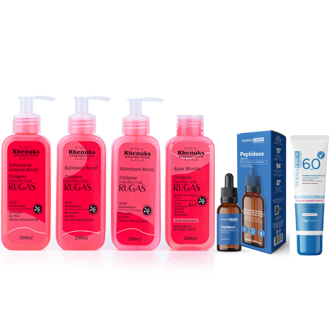 Kit SkinCare Anti Rugas com Colágeno Rhenuks  + Sérum Peptídeos Dermachem + Protetor Solar FPS 60