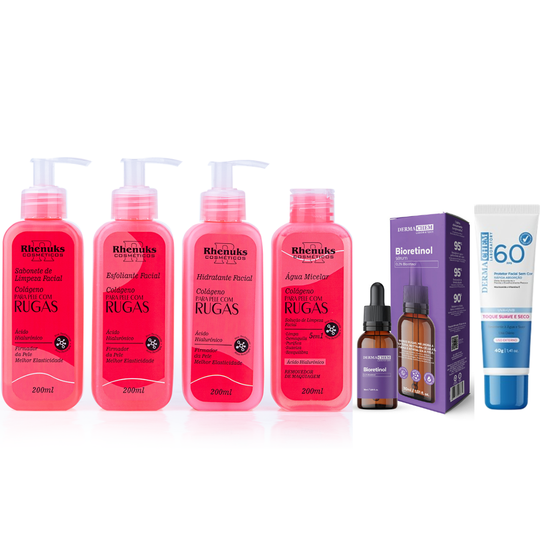 Kit SkinCare Anti Rugas com Colágeno Rhenuks  + Sérum Bioretinol Dermachem + Protetor Solar FPS 60 Dermachem