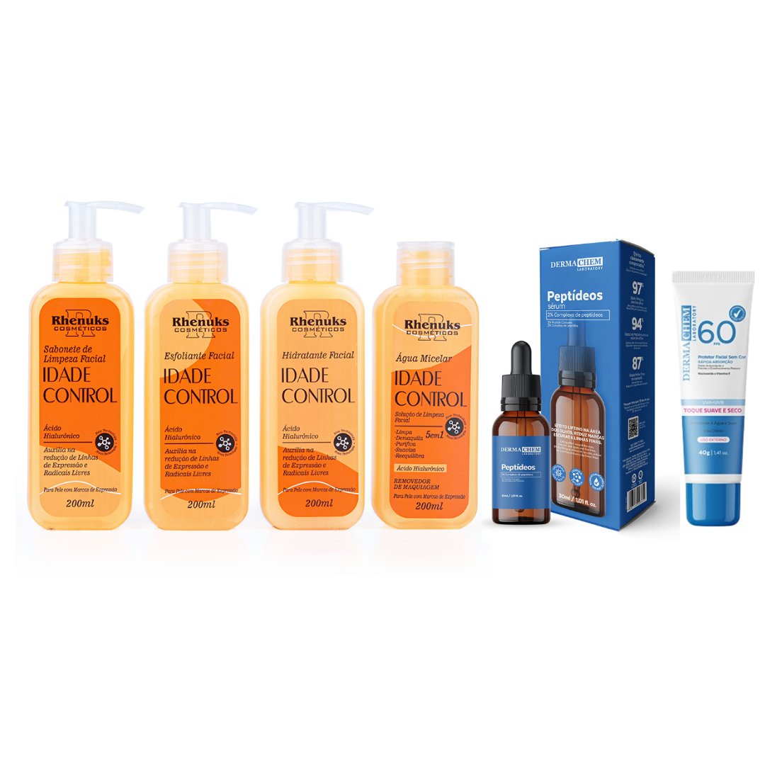 Kit SkinCare Anti Idade Vitamina C Rhenuks + Sérum Peptídeos Dermachem + Protetor Solar FPS 60