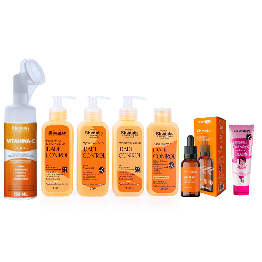 Kit SkinCare Anti Idade Vitamina C Rhenuks + Espuma Vitamina C + Sérum Clareador Dermachem + Máscara Peel Off