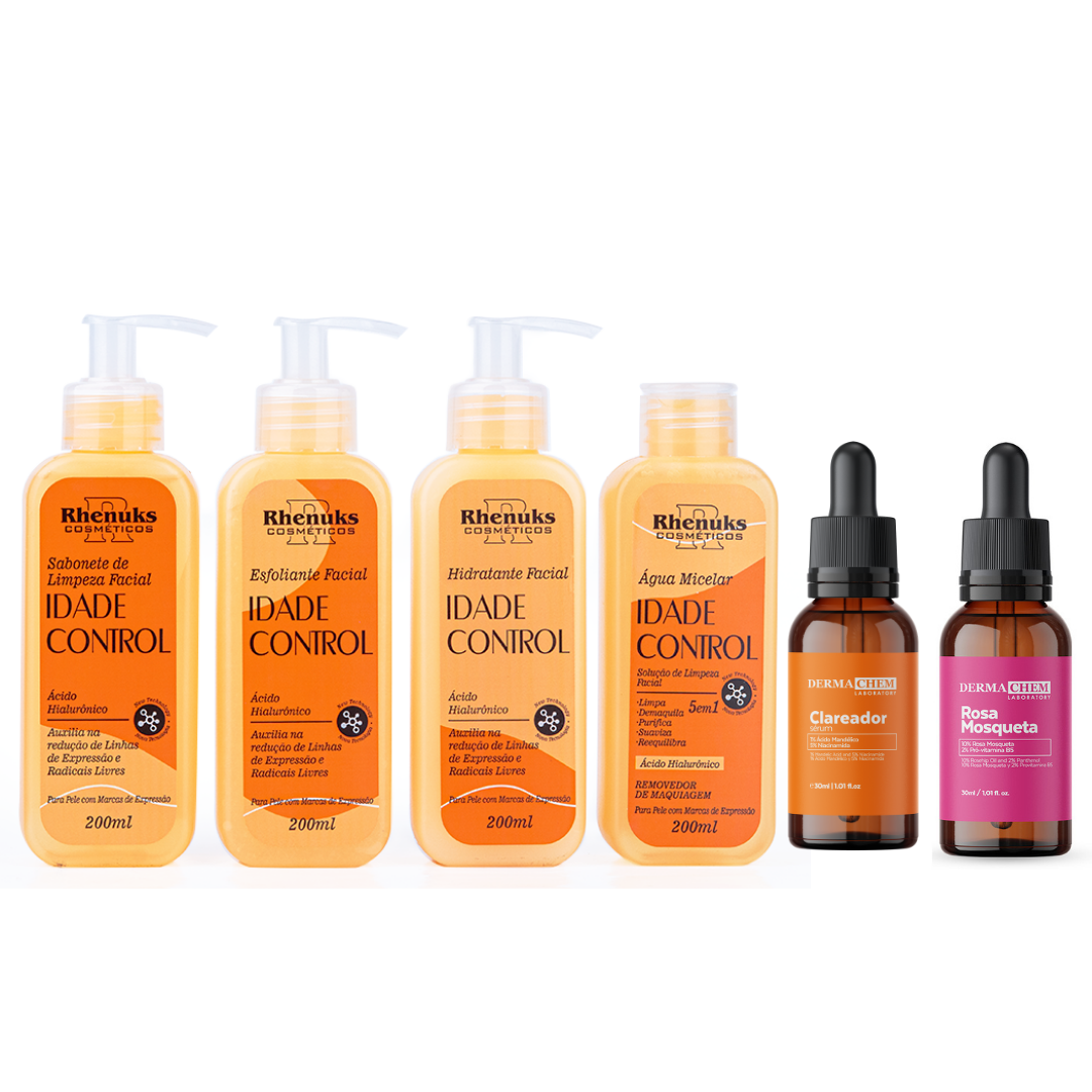 Kit SkinCare Anti Idade Vitamina C Rhenuks + Sérum Clareador + Sérum Rosa Mosqueta Dermachem