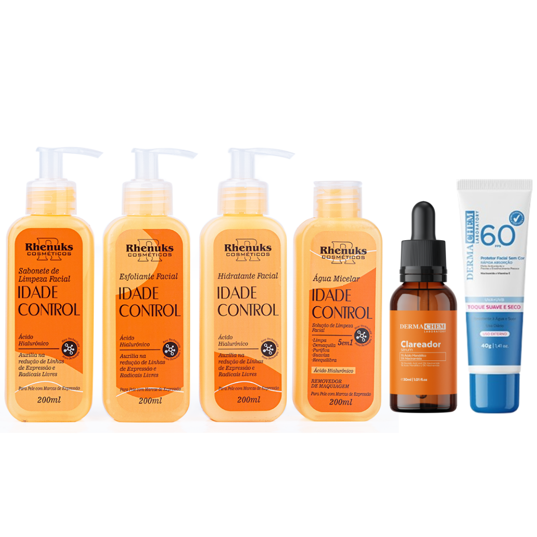 Kit SkinCare Anti Idade Vitamina C Rhenuks + Sérum Clareador Dermachem + Protetor Solar FPS 60