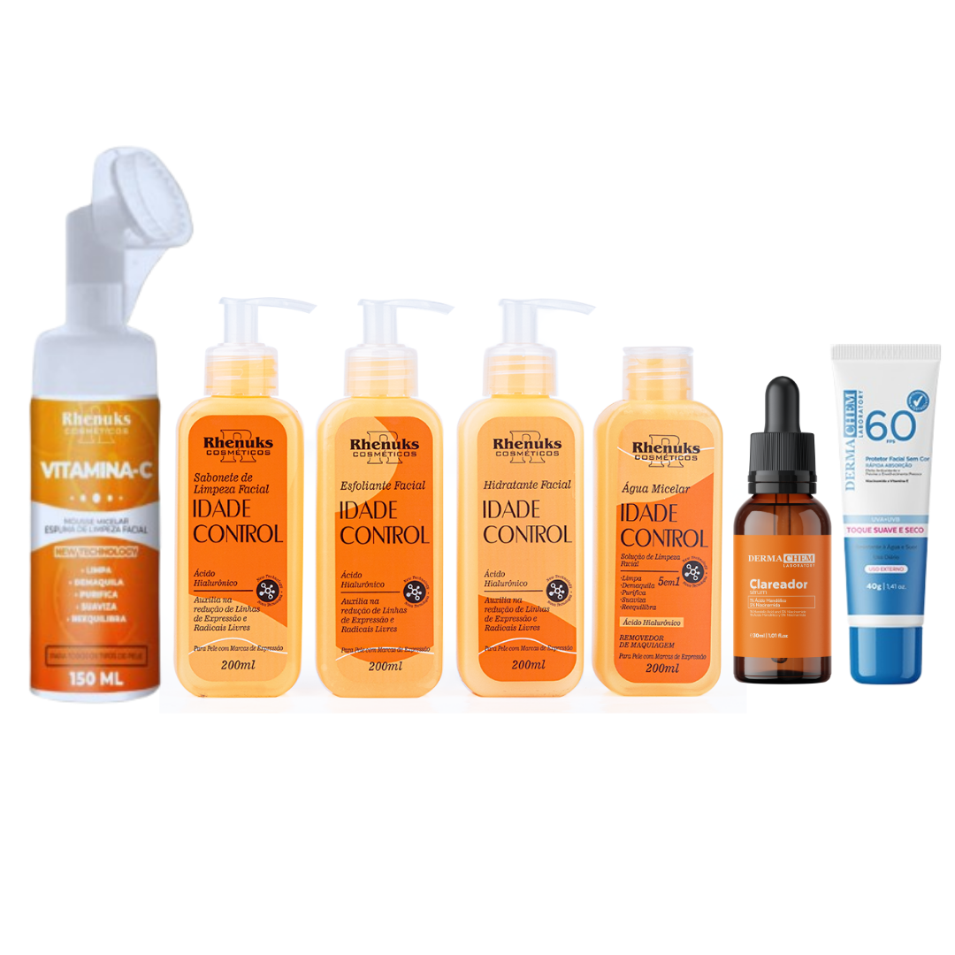 Kit SkinCare Anti Idade Vitamina C Rhenuks + Espuma Vitamina C + Sérum Clareador Dermachem + Protetor Solar FPS 60