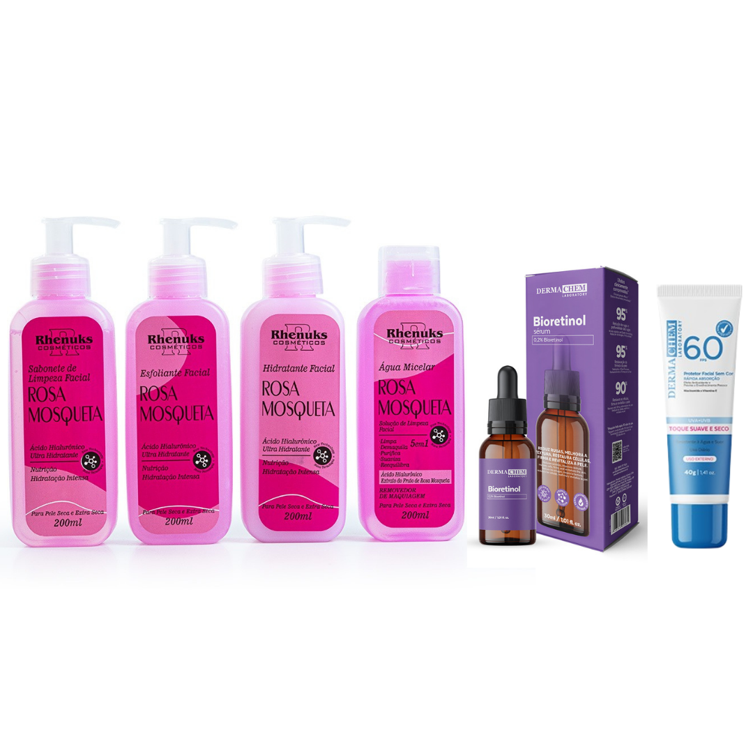 Kit SkinCare Rosa Mosqueta Rhenuks + Sérum Bioretinol Dermachem + Protetor Solar FPS 60 Dermachem
