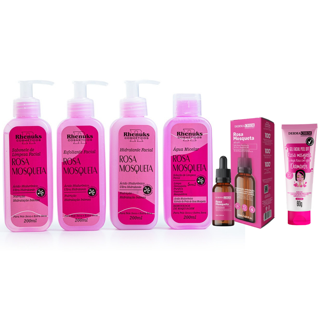 Kit SkinCare Rosa Mosqueta Rhenuks Cosméticos + Sérum Rosa Mosqueta DermaChem Laboratory + Gel Peel