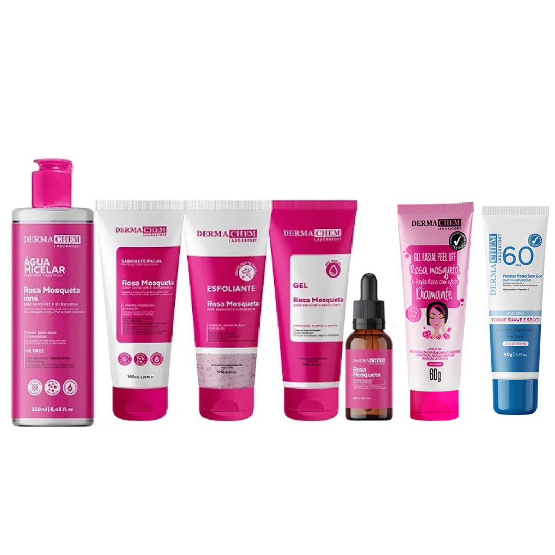 Kit Rotina Completa Rosa Mosqueta + Peel Off Diamante + Protetor Solar FPS 60