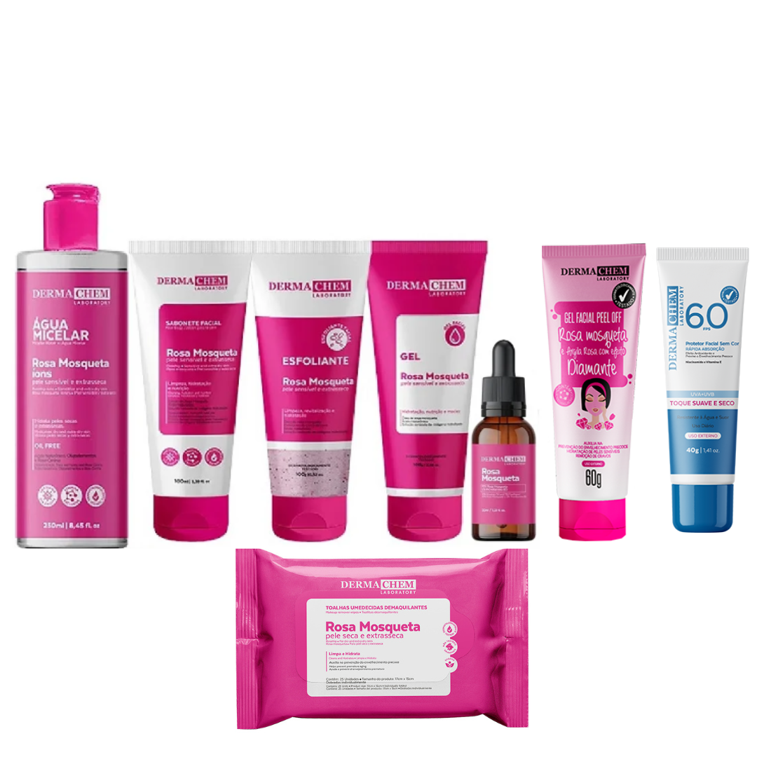Kit Rotina Completa Rosa Mosqueta + Peel Off Diamante + Lenço Demaquilante + Protetor Solar FPS 60
